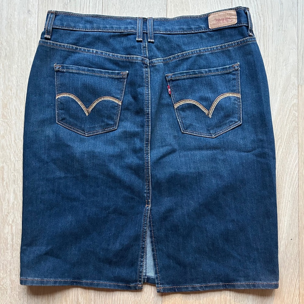 Levi's Denim Pencil Y2K Skirt 10 Dark‎ Blue Stretch Knee Length Western Classic